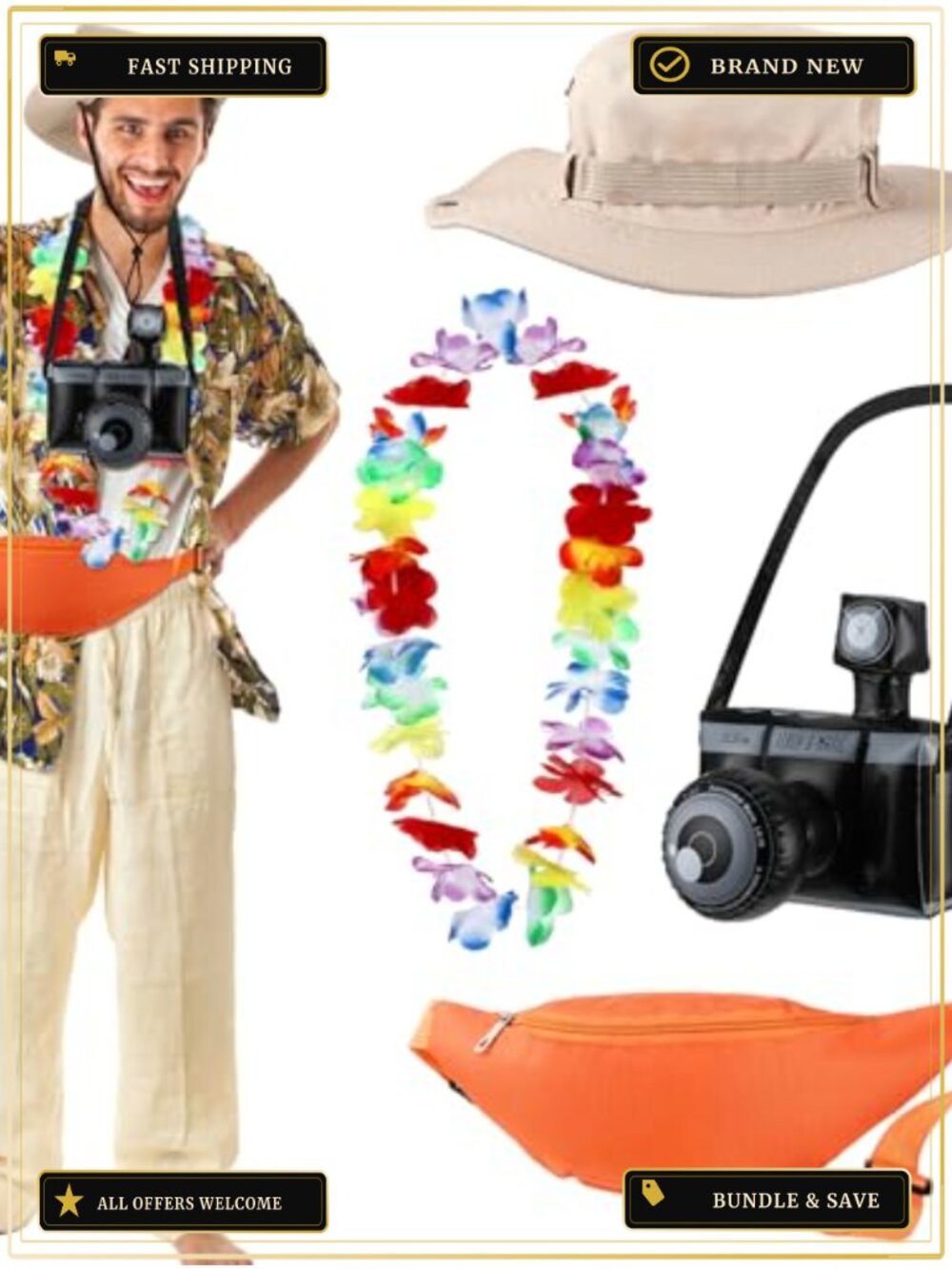 Tacky Tourist Costume Set Inflatable Camera Sun Hat Waist Bag Garland